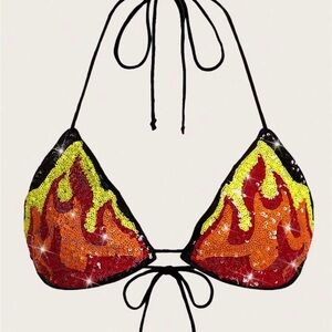 SHEIN Sequin Flame Bikini Top in Red and Yellow